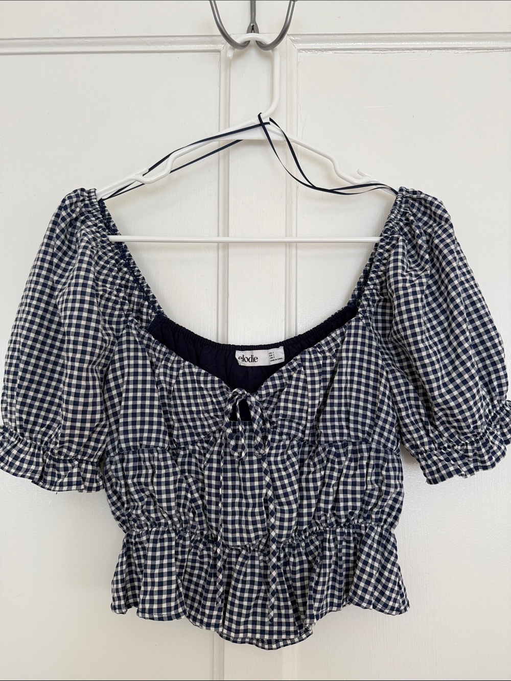 Elodie Navy and White Gingham Puff-Sleeve Crop Top